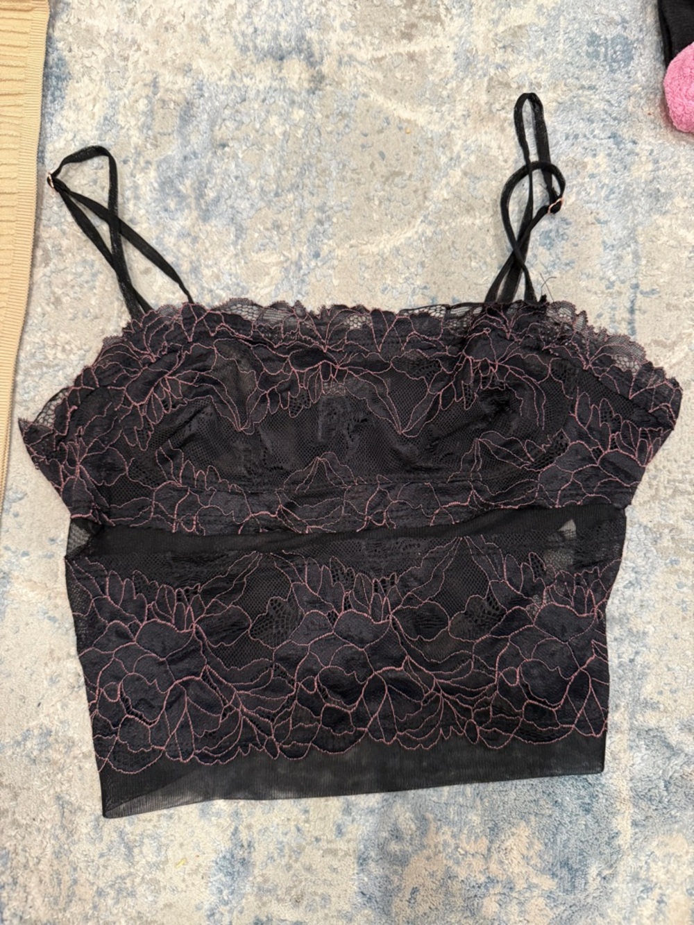 Free People Black Lace Cropped Cami with Pink Embroidery